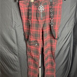 Killstar Red & Black Plaid Cargo Pants with Suspenders